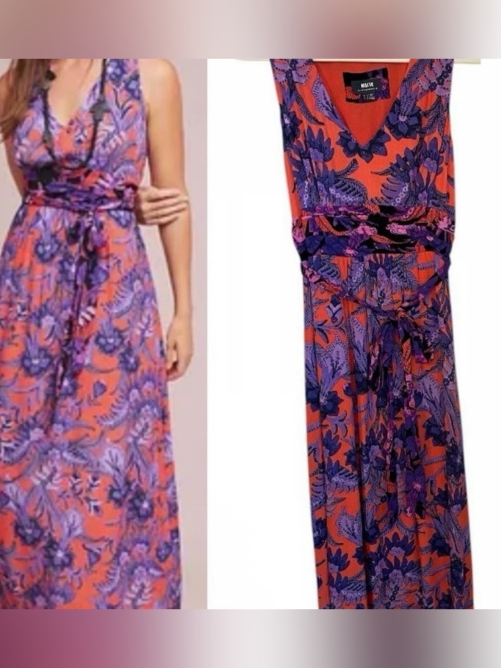 Anthropologie Maeve Coral-Orange Dress with Purple Floral Accents